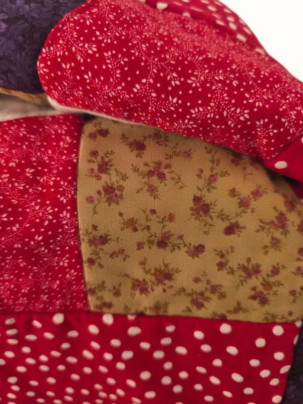 Handmade Patchwork Quilt Small Throw Red Multi Floral Polka Dot 35 x 48